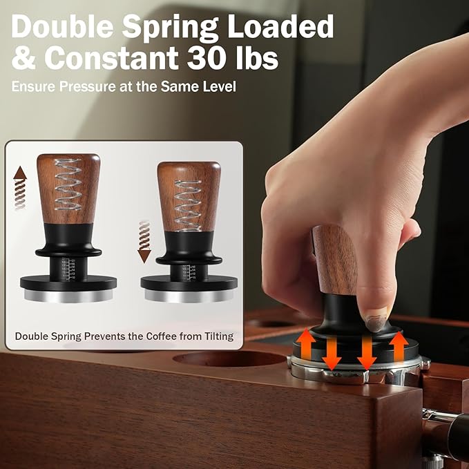 PUSEE 53.3mm Espresso Tamper, Calibrated Tamper with 30lbs Double Spring Loaded Tamper Walnut Wood Coffee Tamper for Barista Home,Stainless Steel Base Tamper Espresso Tool Fits 54mm Portafilters