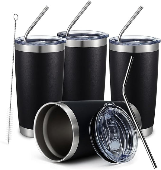COMOOO 20oz Black Tumbler 4 Pack Stainless Steel Insulated Travel Mug with Lid and Straw Vacuum Double Wall Coffee Cup for Hot Beverage and Cold Drinks(Black, 4 Pack)