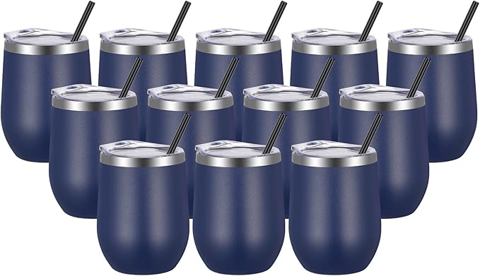 VEGOND Wine Tumblers Bulk 12 Pack, 12oz Stainless Steel Stemless Wine Glass with Lids and Straws, Double Wall Vacuum Insulated Tumbler Cup, Coffee Mug for Cold Hot Drinks