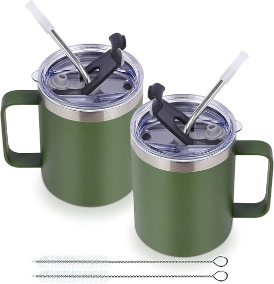 Volhoply 12oz Insulated Leakproof Coffee Mug with Flip&Straw Lid Bulk 2 Pack,Double Wall Vacuum Stainless Steel Travel Tumbler Cup with Handle,Reusable Camping Mugs Keep Cold/Hot(Army Green,2 Set)