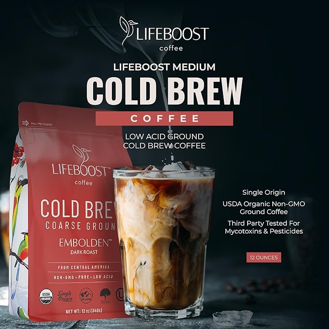 Lifeboost Dark Cold Brew Coffee - Single Origin Non-GMO USDA Organic Low Acid Coarse Ground Coffee for Cold Brew - 3rd Party Tested For Mycotoxins & Pesticides - 12 Ounces