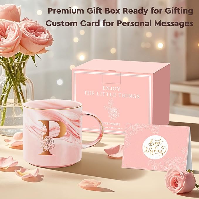 Personalized Gifts for Women Coffee Mug, Initial Customized Gift Monogrammed A-Z Coffee Mug 12 OZ, Christmas Anniversary Birthday Gifts for Women Mom Grandma Friend Sister Wife (P)