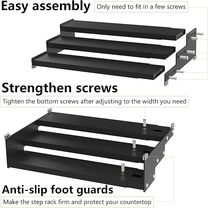 Spice Rack Organizer 3 Tier Expandable Display Shelf(12.8"-24.01" W) Non-Skid Heavy Duty Sturdy Metal Iron Alloy Steel Step Racks 2 Packs/Black