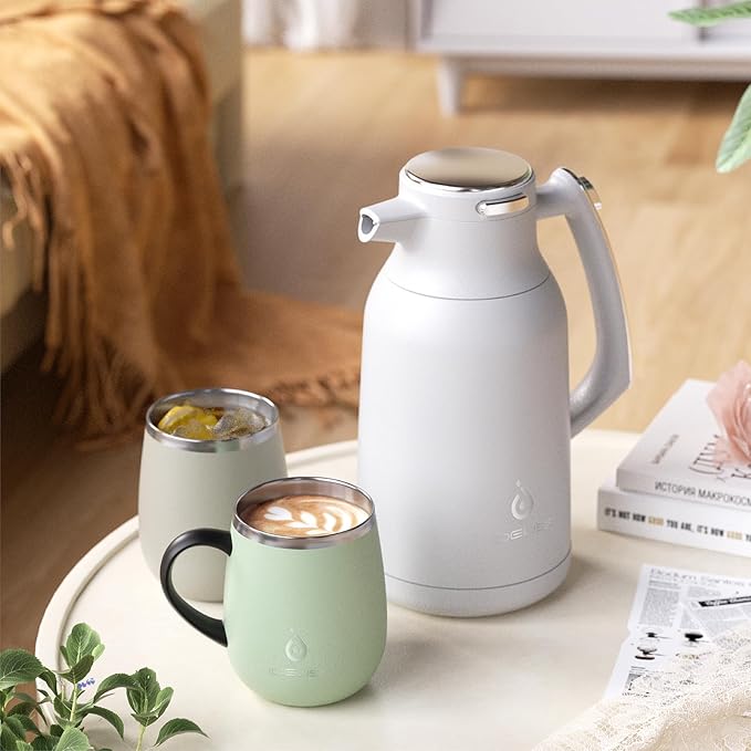 IDEUS Thermal Coffee Carafe 68oz (2,000ml), Stainless Steel Double Wall Insulated Vacuum Flask, Water Jug Coffee Server and Beverage Dispenser, Heat and Cold Retention (White-Silver, 68oz (2,000ml))