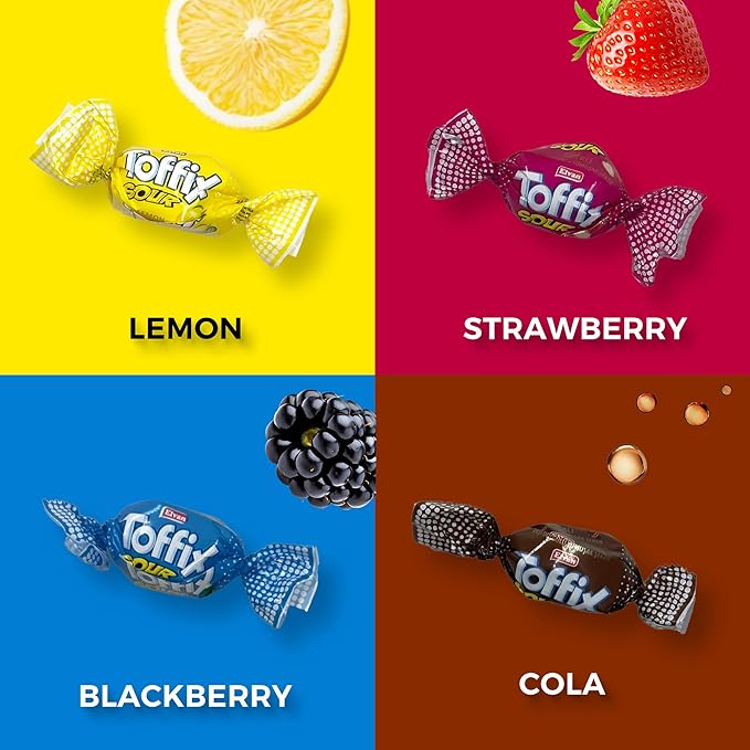 Toffix Sour Chews, Center-Filled Soft Chewy Candy, 250 Pieces of Individually Wrapped Snacks for Kids & Adult, Strawberry, Blueberry, Lemon & Cola Flavored Chewy Candies - 2 Pound Bulk Bag - Pack of 8