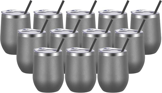 VEGOND Wine Tumblers Bulk 12 Pack, 12oz Stainless Steel Stemless Wine Glass with Lids and Straws, Double Wall Vacuum Insulated Tumbler Cup, Coffee Mug for Cold Hot Drinks