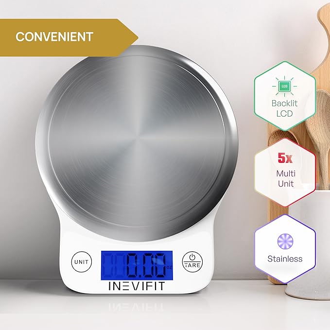 INEVIFIT Digital Kitchen Scale, Highly Accurate Multifunction Food Scale 13 lbs 6kgs Max, Clean Modern White with Premium Stainless Steel Finish. Includes Batteries