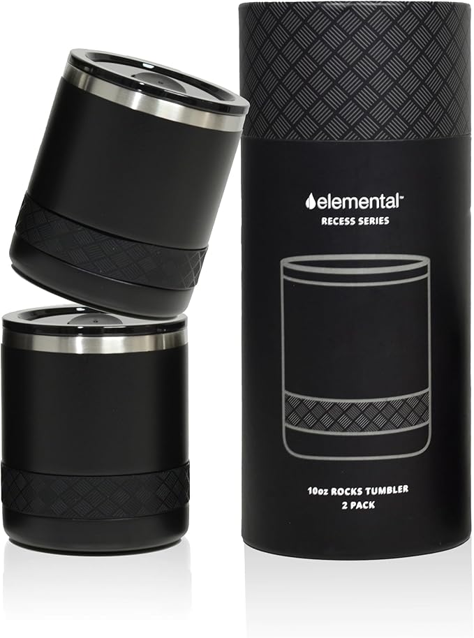 Elemental Recess Lowball Tumbler Set of 2, 10oz Triple Wall Stainless Steel Cup with Non-Shattered Tritan Lid, Insulated Whiskey Glass, Insulated Coffee Tumbler Mug for Hot & Cold Drinks - Black