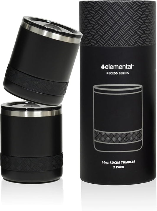 Elemental Recess Lowball Tumbler Set of 2, 10oz Triple Wall Stainless Steel Cup with Non-Shattered Tritan Lid, Insulated Whiskey Glass, Insulated Coffee Tumbler Mug for Hot & Cold Drinks - Black