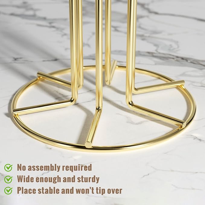 HULISEN Mug Holder for Large Cups, Mug Tree for Counter with 6 Hooks, Metal Coffee Mug Stand for Easy Pick, Place and Display, Coffee Bar Accessories and Decor, Free Standing Mug Rack, Gold