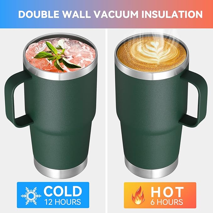 VEGOND 20 oz Tumbler with Handle Lid and Straw, Stainless Steel Insulated Travel Coffee Mug Spill Proof Double Wall Metal Tumbler Cup Keeps Drink Hot and Cold, Dark Green 1 Pack