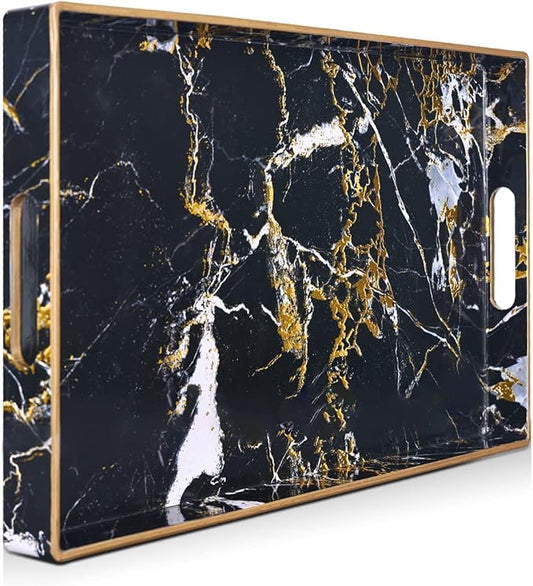 Gifturbo Black Serving Tray,Marble Decorative Serving Trays with Handles, Coffee Table Tray Ottoman Rectangular Plastic Trays with Gold Rim for Living Room, Bathroom，15.7 x 10.2 x1.37 inches
