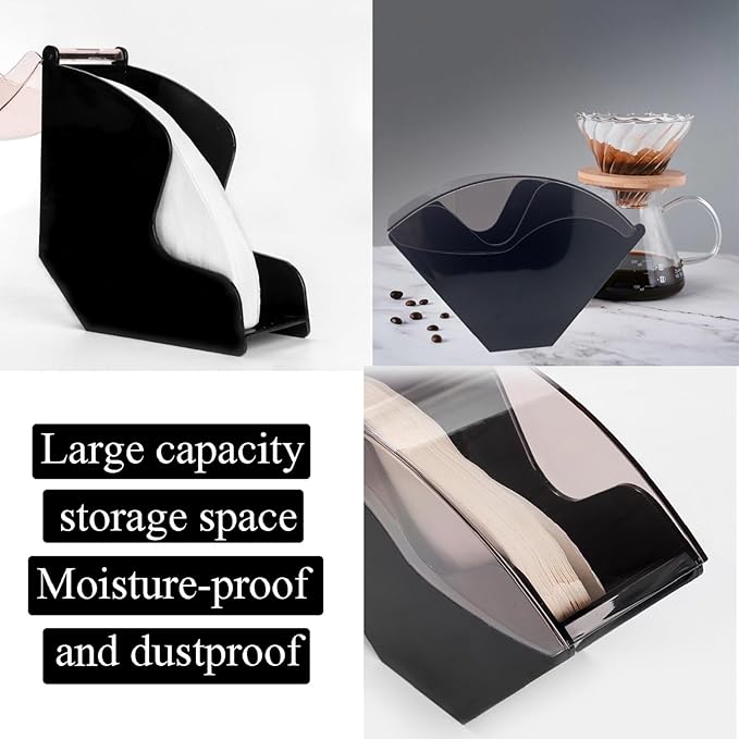 MIAO JIN Coffee Filter Paper Holder with Dustproof Cover Coffee filter Storage for #1 & #2, V60 & #4 cone-shape fan-shape filters Coffee Bar Accessories decor (Black)