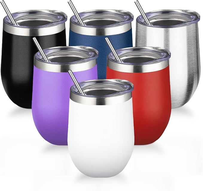 12oz/6 Pack Stainless Steel Wine Tumbler with Lid and Straw, Double Wall Vacuum Insulated Wine Tumbler Glasses, Stemless Travel Mugs for Hot and Cold Drinks, Coffee, Wine, Cocktails （Mix Color-2）