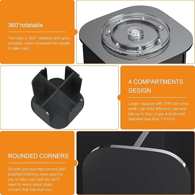 Beego Coffee Cup Holder Organizer - Rotatable 4 Compartments Black Acrylic Cup Dispenser Station With Lid Carousel - Countertop Plastic Cup Holder for Restaurant Breakroom Bar Accessories