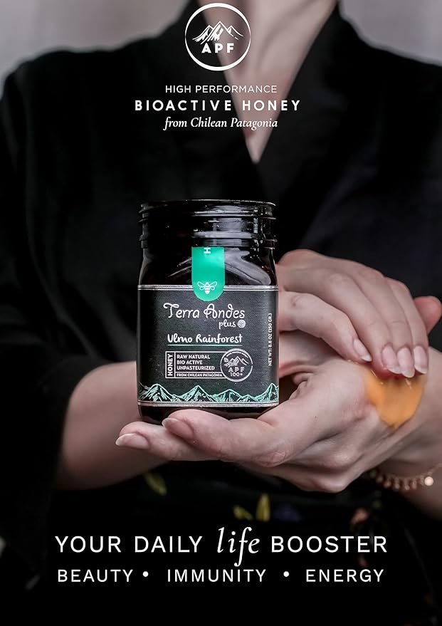 Ulmo Rainforest honey APF 200+ by Terra Andes Plus. Raw natural organic honey. Highest bioactive grade. Made in Chilean Patagonia. 100% pure. NON Gmo. Awarded worldwide. (8.8 oz)