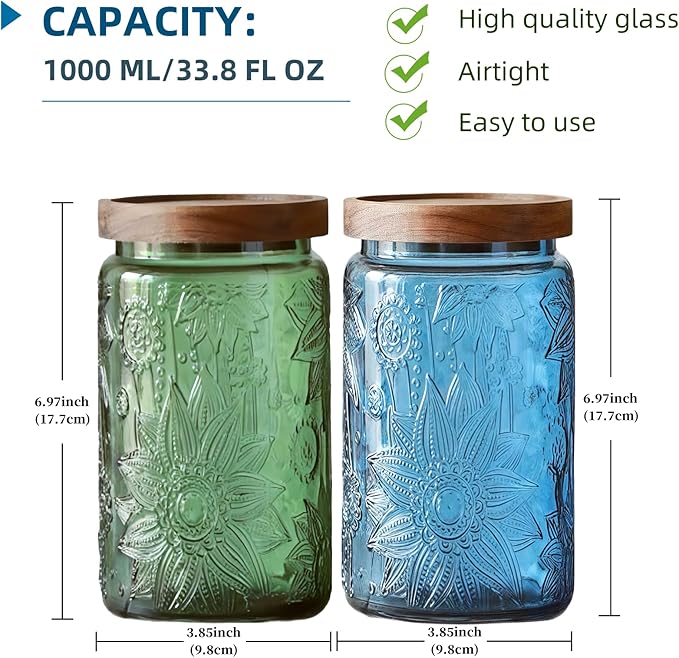 ANSQU Set of 4 Vintage Glass Mason Jars with Lids – 34 FL OZ Sunflower Design – Airtight Storage for Coffee, Tea, Cookies, Candy, Nuts – Kitchen & Pantry Organization (Blue & Green)