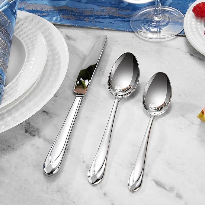 KEAWELL Premium Astra 4-Piece 7.4 inch Spoon Set – Mirror-Finished 18/10 Stainless Steel with Diamond-Faceted Handles Dishwasher Safe for Modern Dining (4, Dinner Spoons)