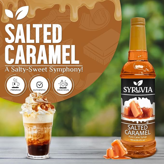 Syruvia Coffee Syrup, Salted Caramel Flavored Syrup for Drinks, Lattes, and Desserts – 25.4 fl oz, With Pump