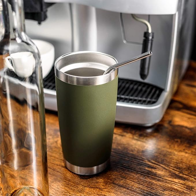 COMOOO 20oz Double Wall Vacuum Insulated Travel Mug, Stainless Steel Tumbler with Lid and Straw Durable Powder Coated Insulated Coffee Cup for Cold & Hot Drinks（Army Green, 6 Pack）