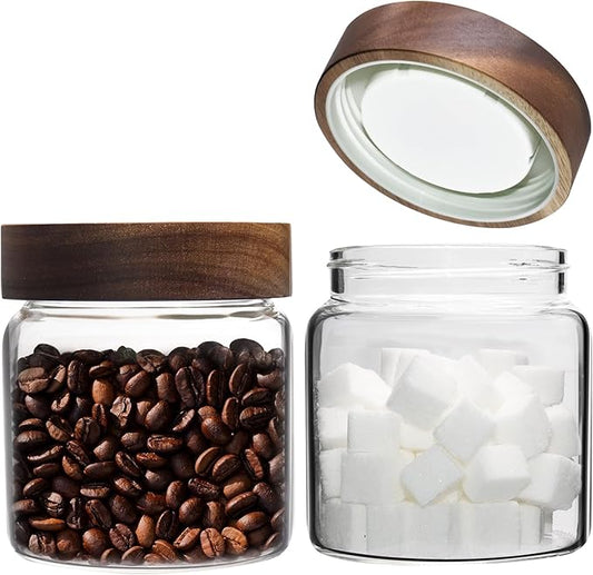 Glass Coffee Jars Spice Jar Round Storage Canister with Wooden Lid Clear Glass Food Jar for Pantry Sugar Tea Coffee Bean Spice Nuts Cookies Bath Salts (500ml/16oz-2pack)