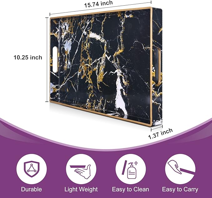 Gifturbo Black Serving Tray,Marble Decorative Serving Trays with Handles, Coffee Table Tray Ottoman Rectangular Plastic Trays with Gold Rim for Living Room, Bathroom，15.7 x 10.2 x1.37 inches