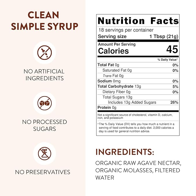 Brown Sugar Agave Simple Syrup for Coffee & Cocktails - Clean Simple Syrup Sweetened with Raw Agave Nectar and Molasses - 13.5 oz
