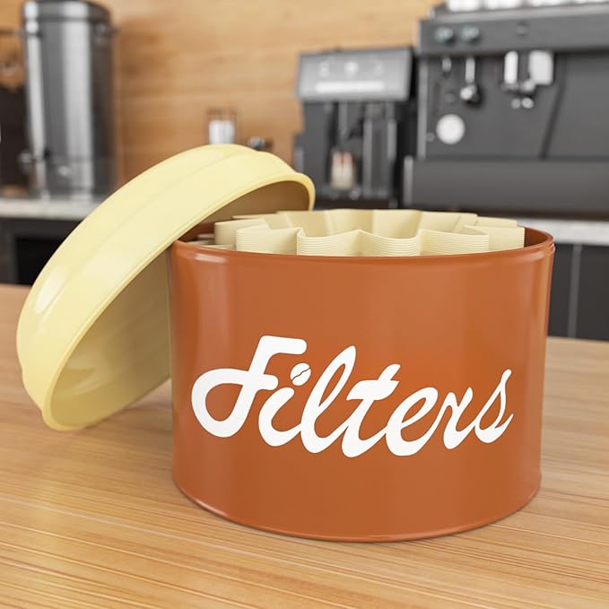 Brown Basket Coffee Filter Holder with Lid - Round Storage Container for Counter - Rustic Farmhouse Coffee Bar Accessories Decor