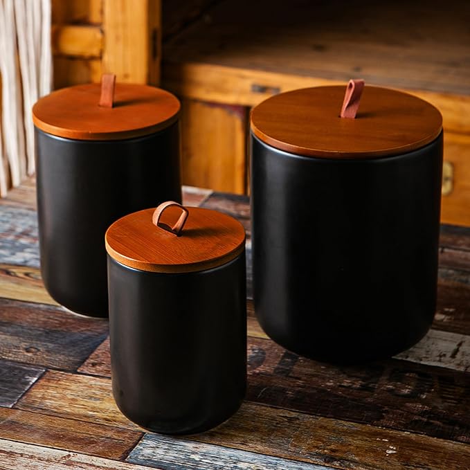 JOJUNO Black Ceramic Food Storage Canister Set (30 oz, 48 oz, 82 oz) with Bamboo Lids, 3-Piece Airtight Jars for Flour, Sugar, Coffee, Tea, Oats, Spice – Kitchen Storage Containers with Lids