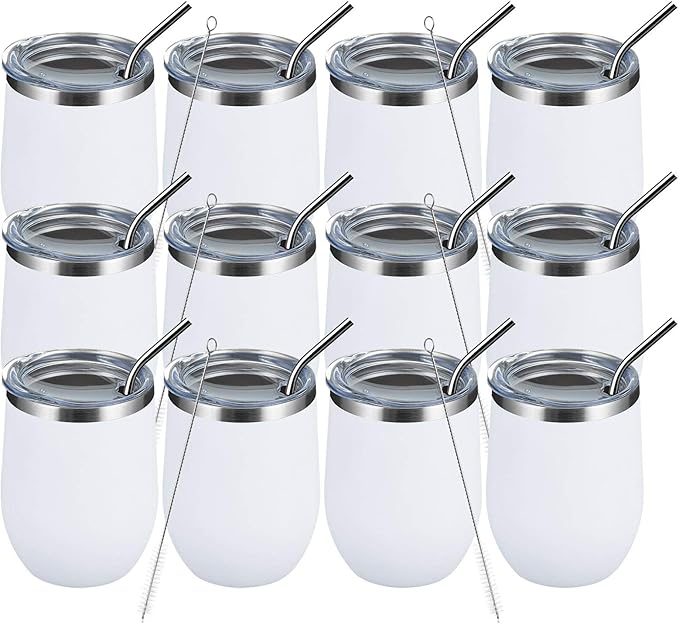 MEWAY 12 OZ/12 Pack Wine Tumbler Glasses with Lid -Double Wall Vacuum Stainless Steel Travel Tumbler Mug,Stemless Insulated Wine Cup for,Coffee,Cocktails,Gifts (White,Set of 12)