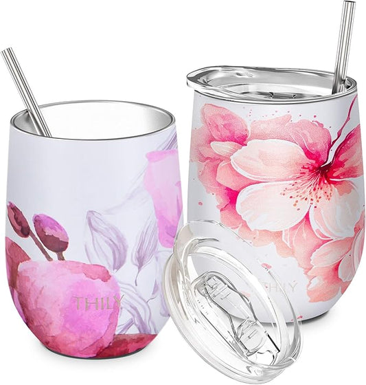 THILY Vacuum Insulated Stemless Wine Tumbler 12 oz Stainless Steel Wine Glass with Lid and Straw, Keep Cold or Hot for Coffee, Cocktails, 2 Pack(Lotus Flower + Cherry Blossoms)