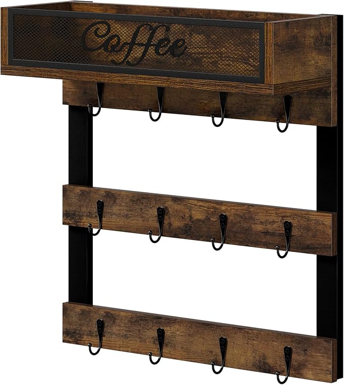 YINMIT Coffee Mug Holder with 12 Hooks, Coffee Cup Holder Wall Mounted with Top Shelf, Mug Organizer for Home Kitchen, Brown