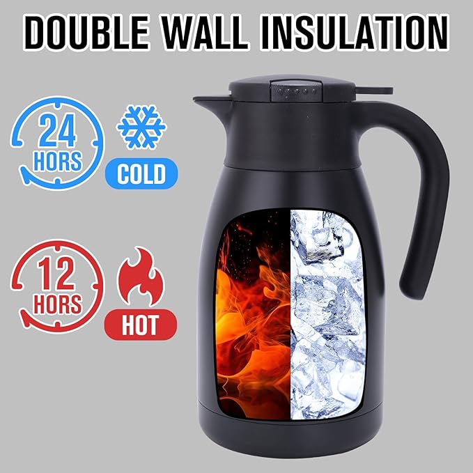 GiNT 51Oz Stainless Steel Thermal Coffee Carafe with Lid/Double Walled Vacuum Thermal Carafe / 12 Hour Heat Retention (Black, 1.5L)