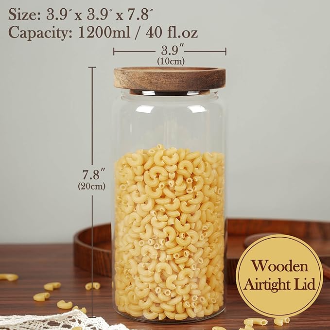 Labina Glass Storage Container Airtight Food Jars Kitchen Canister with Wood Lids, 40 Oz Wide Mouth Pantry Organization Glass Jar for Flour, Sugar, Cookie, Spagetti, Nuts and Candy