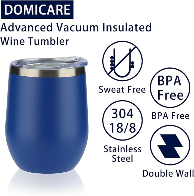 DOMICARE Stainless Steel Wine Tumbler Bulk with Lid, Personalized Insulated Tumblers Set, 12oz Travel Coffee Cups Pack of 4, Dark Blue