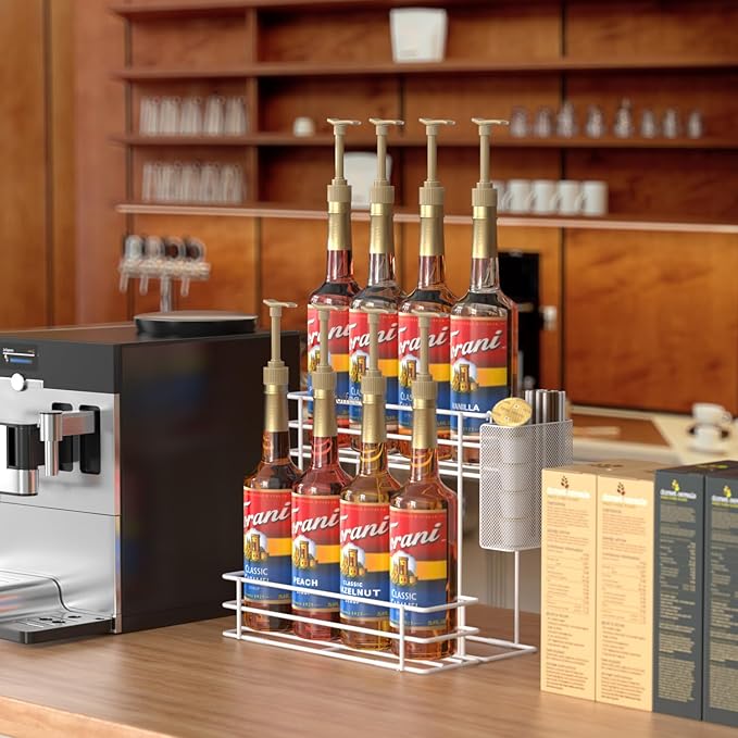 OVICAR Coffee Syrup Organizer Rack - 8 Bottle Holder Stand for Coffee Bar & Station Accessories, 2 Tiers Countertop Storage for Syrup & Wine Dressing, White