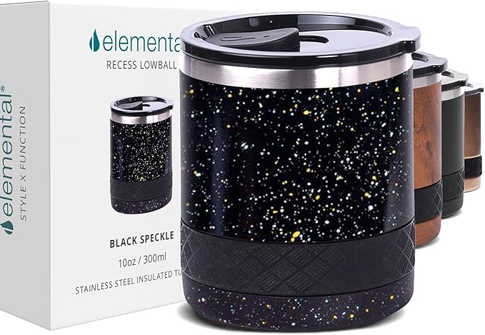 Elemental Recess Lowball Tumbler, 10oz Triple Wall Stainless Steel Cup with Non-Shattered Tritan Lid, Insulated Whiskey Glass, Insulated Coffee Tumbler Mug for Hot & Cold Drinks - Black Speckle