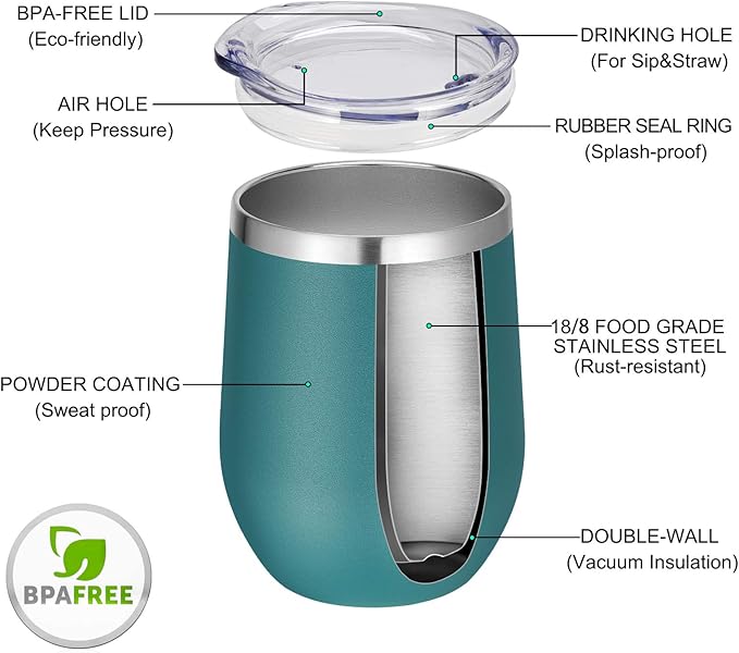 VEGOND Wine Tumblers Bulk 6 Pack, 12oz Stainless Steel Stemless Wine Glass with Lids and Straws, Double Wall Vacuum Insulated Tumbler Cup, Coffee Mug for Cold Hot Drinks