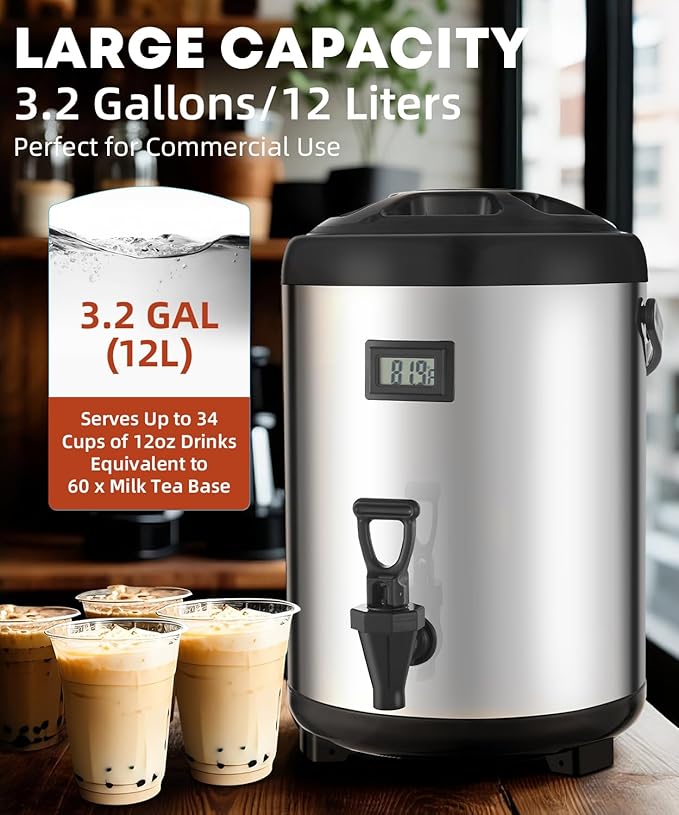 Insulated Beverage Dispenser, 3.2 Gallon/12L Coffee and Drink Server with Spigot, Non-electric Thermal Hot and Cold Beverage Dispenser for Juice Chocolate Tea Milk