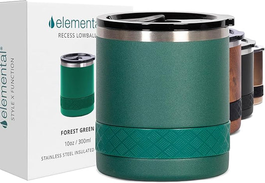 Elemental Recess Lowball Tumbler, 10oz Triple Wall Stainless Steel Cup with Non-Shattered Tritan Lid, Insulated Whiskey Glass, Insulated Coffee Tumbler Mug for Hot & Cold Drinks - Forest Green