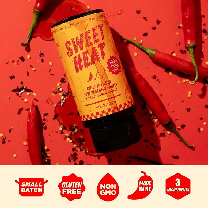 Hot Honey - Sweet Heat 100% Pure New Zealand Raw Manuka Spicy Honey MGO 100+ - Chili-Infused for Cooking & Grilling - No Added Sugar - 11.6oz Squeeze Bottle