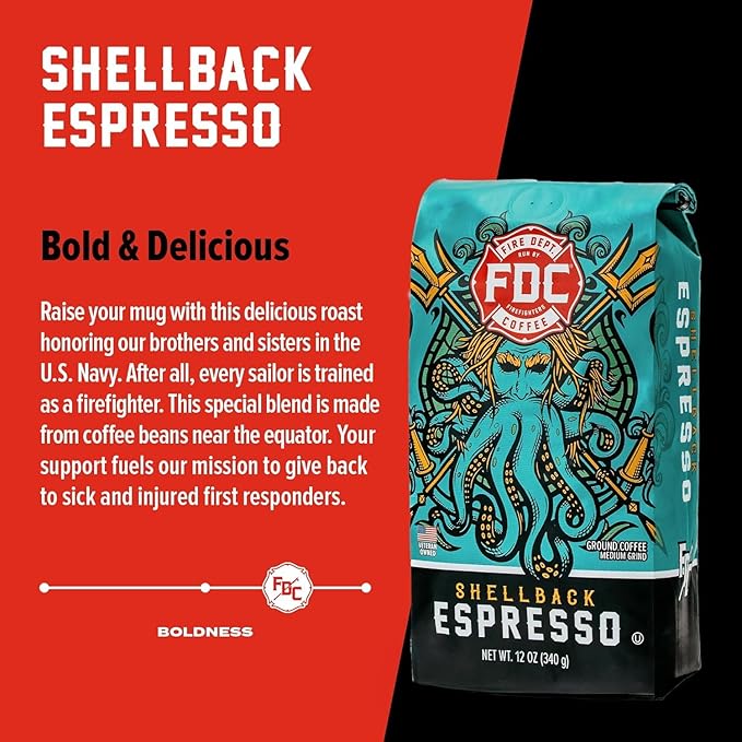 Fire Department Coffee - Gives Back to Firefighters - Shellback Espresso Ground Coffee - Bold & Smooth - Roasted in the USA - Dark Roast Espresso - Veteran Owned (12 oz, Pack of 2)