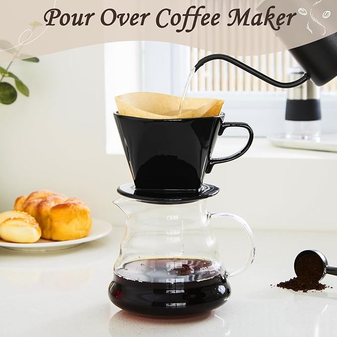 Pour Over Coffee Dripper, Ceramic Pour Over Coffee Maker with 3 Holes Flat Bottom, Easy Manual Slow Brewing, Porcelain Slow Filter Cone for Home, Office, Gift, Size 2, Black
