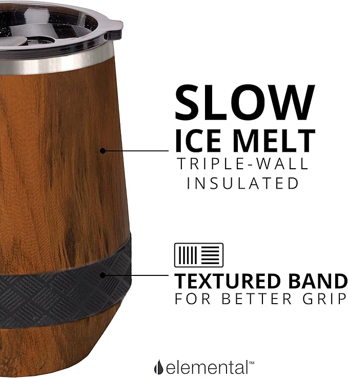 Elemental Recess Wine Tumbler - Triple Wall Insulated Stainless Steel Coffee Mug for Hot & Cold Drinks - Portable Cup with Shatterproof Sip Lid for Camping, Outdoor & Travel - 10oz - Teak Wood