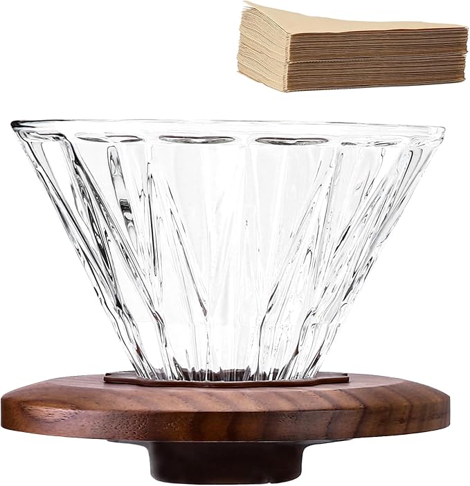 Glass Coffee Dripper with 100 pcs of Size 02 Paper Filter, Borosilicate Glass & Walnut Collar, Pour Over Coffee Maker, 1-3 Cups, Clear