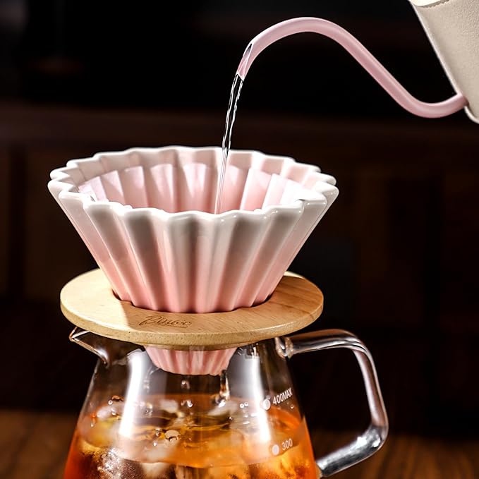 Bincoo Ceramic Coffee Dripper,Pour Over Coffee Dripper with Wood Stand, Flower-shape for 1-2 Cups Slow Brewing Maker for Home Cafe (Pink)