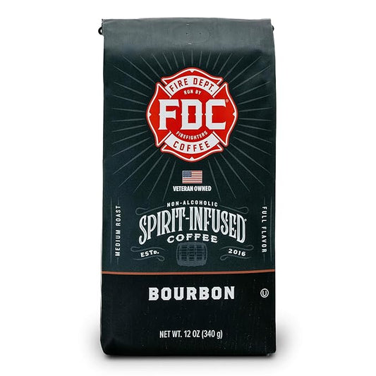 Fire Department Coffee - Bourbon Coffee - Gives Back to Firefighters - Premium Bourbon Infused Grounds - Medium Roast - Non-Alcoholic - Roasted in the USA - Veteran Owned - 12 oz