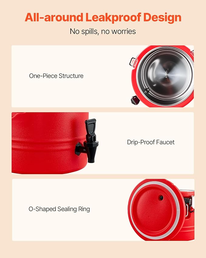 VEVOR Insulated Beverage Dispenser, 3 Gal/11.4L Thermal Hot and Cold Drink Server Dispenser with Spigot, Food-Grade Cooler Jug with 304 Stainless Steel Interior, for Tea Coffee Restaurant Outdoor