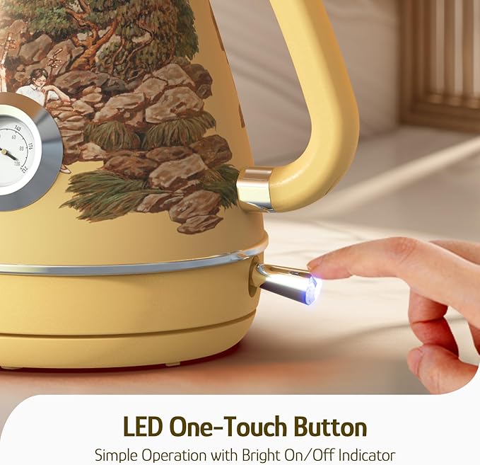 Hazel Quinn Retro Electric Kettle - 1.7 Liters / 57.5 Ounces Tea Kettle with Thermometer, All Stainless Steel, 1200 Watts Fast Boiling, BPA-free, Cordless, Automatic Shut Off - Garden Scenery