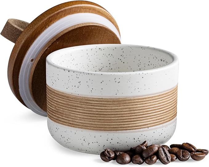 Small Ceramic Jar with Lid, Coffee Container Canister Kitchen Food Storage Jars for Spice Sugar Tea Bag, Stackable Decorative Jars for Countertop, White & 5 fl.oz